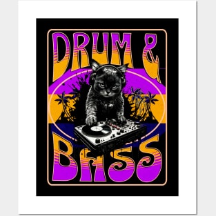 DRUM AND BASS  - Psychedelic Cat DJ (orange/purple) Posters and Art